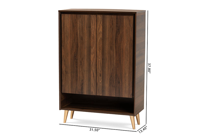 Liam Mid-Century Modern Walnut Brown and Gold Finished Wood 2-Door Entryway Shoe storage Cabinet