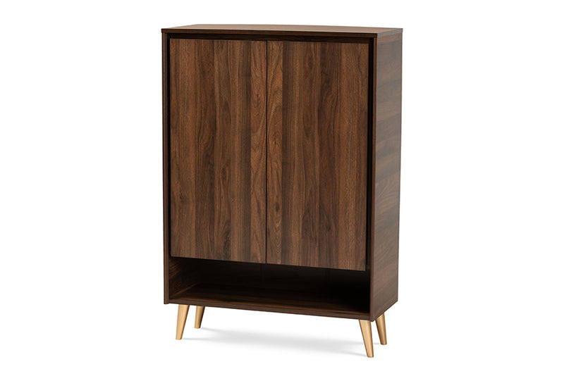 Liam Mid-Century Modern Walnut Brown and Gold Finished Wood 2-Door Entryway Shoe storage Cabinet