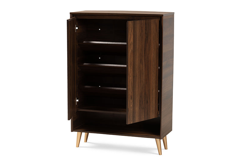 Liam Mid-Century Modern Walnut Brown and Gold Finished Wood 2-Door Entryway Shoe storage Cabinet