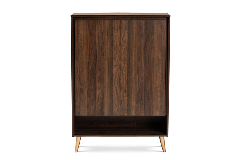 Liam Mid-Century Modern Walnut Brown and Gold Finished Wood 2-Door Entryway Shoe storage Cabinet