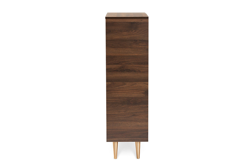 Liam Mid-Century Modern Walnut Brown and Gold Finished Wood 2-Door Entryway Shoe storage Cabinet