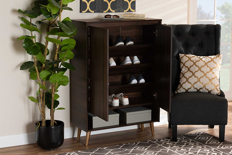 Liam Mid-Century Modern Walnut Brown and Gold Finished Wood 2-Door Entryway Shoe storage Cabinet