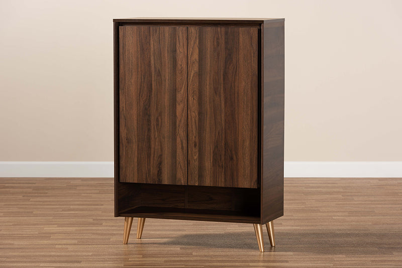 Liam Mid-Century Modern Walnut Brown and Gold Finished Wood 2-Door Entryway Shoe storage Cabinet