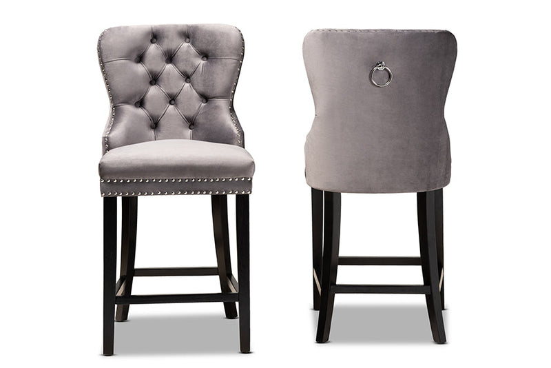 Isley Gray Velvet Dark Brown 2Pc Counter Stool Set Baxton
