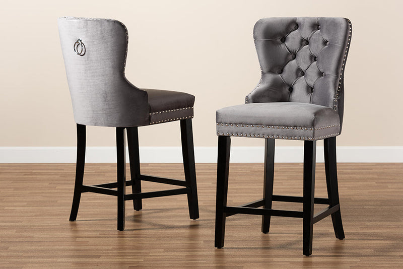 Isley Gray Velvet Dark Brown 2Pc Counter Stool Set Baxton