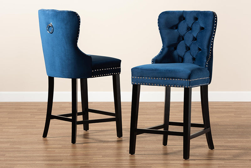 Isley Navy Blue Velvet Dark Brown 2Pc Counter Stool Set Baxton