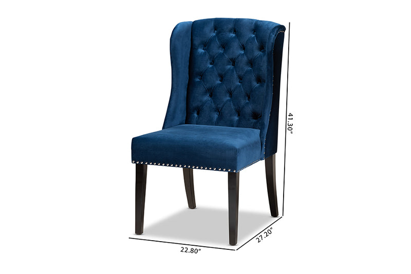 Cameron Modern ContemporaryNavy Blue Velvet Fabric Upholstered and Dark Brown Finished Wood Wingback Dining Chair