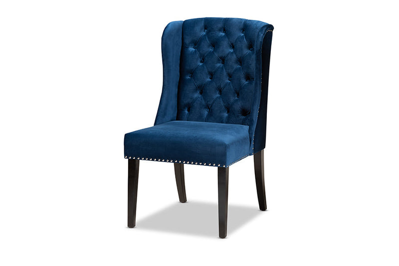 Cameron Modern Navy Blue Velvet Fabric Dark Brown Wingback Dining Chair Baxton