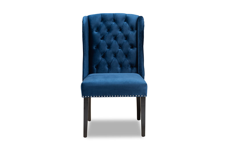 Cameron Modern ContemporaryNavy Blue Velvet Fabric Upholstered and Dark Brown Finished Wood Wingback Dining Chair