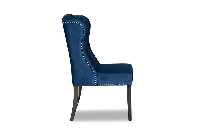 Cameron Modern ContemporaryNavy Blue Velvet Fabric Upholstered and Dark Brown Finished Wood Wingback Dining Chair