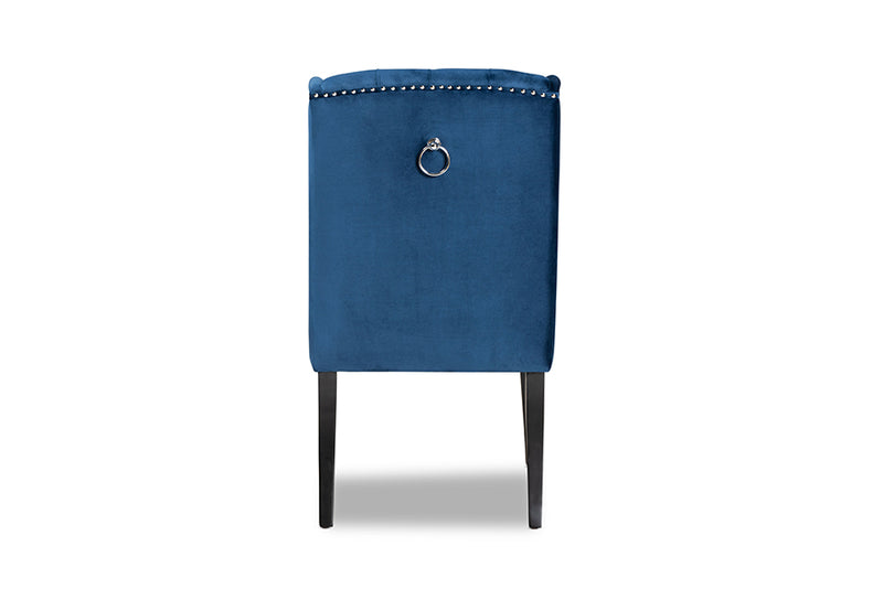 Cameron Modern ContemporaryNavy Blue Velvet Fabric Upholstered and Dark Brown Finished Wood Wingback Dining Chair