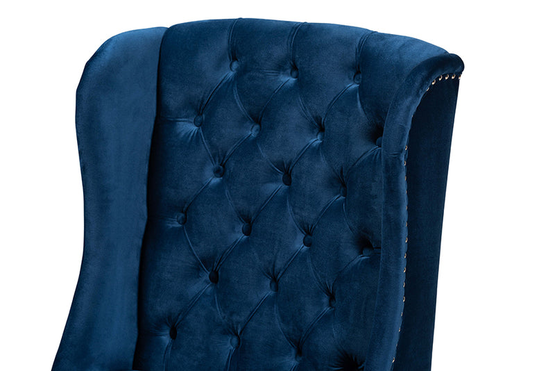 Cameron Modern ContemporaryNavy Blue Velvet Fabric Upholstered and Dark Brown Finished Wood Wingback Dining Chair