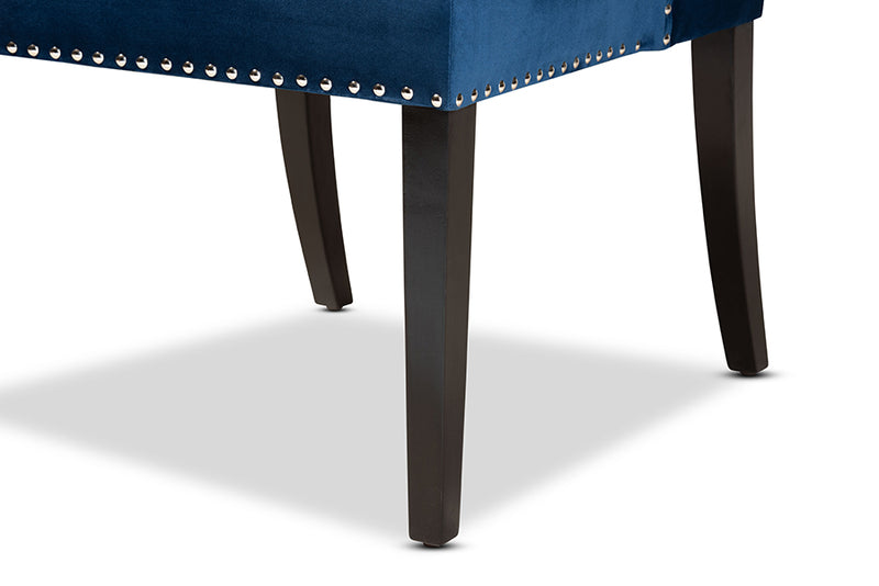 Cameron Modern ContemporaryNavy Blue Velvet Fabric Upholstered and Dark Brown Finished Wood Wingback Dining Chair