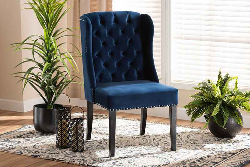 Cameron Modern ContemporaryNavy Blue Velvet Fabric Upholstered and Dark Brown Finished Wood Wingback Dining Chair