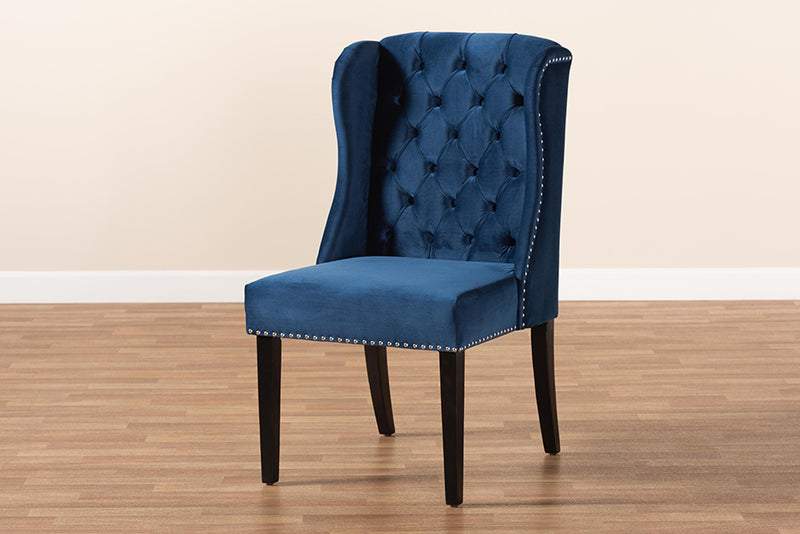 Cameron Modern ContemporaryNavy Blue Velvet Fabric Upholstered and Dark Brown Finished Wood Wingback Dining Chair