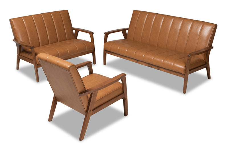 Ghina Mid-century Modern Tan Faux Leather Upholstered and Walnut Brown finished Wood 3-Piece Living Room Set