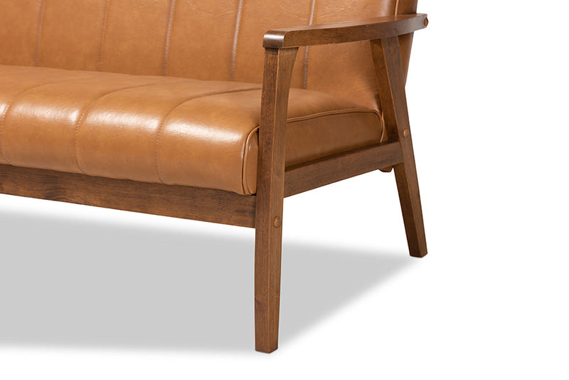 Ghina Tan Faux Leather Upholstered and Walnut Brown 3-Piece Living Room Set Baxton