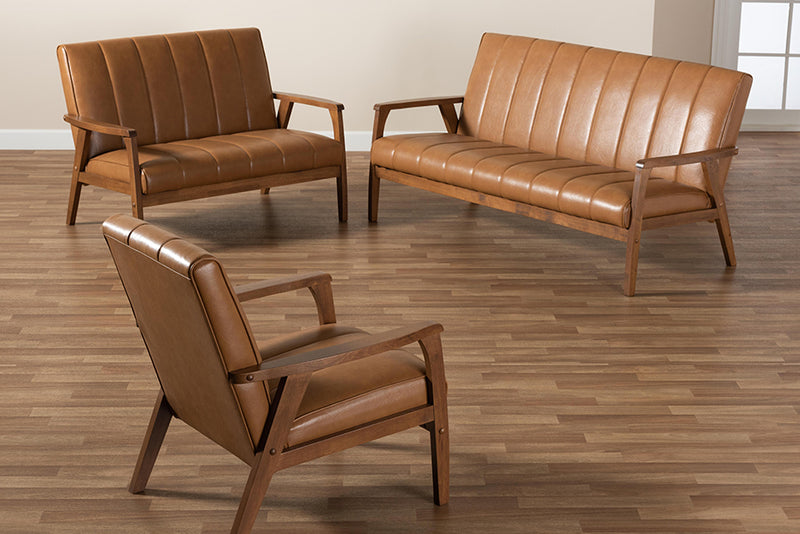 Ghina Mid-century Modern Tan Faux Leather Upholstered and Walnut Brown finished Wood 3-Piece Living Room Set