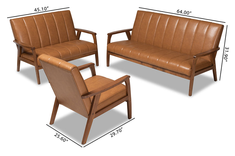 Ghina Mid-century Modern Tan Faux Leather Upholstered and Walnut Brown finished Wood 3-Piece Living Room Set