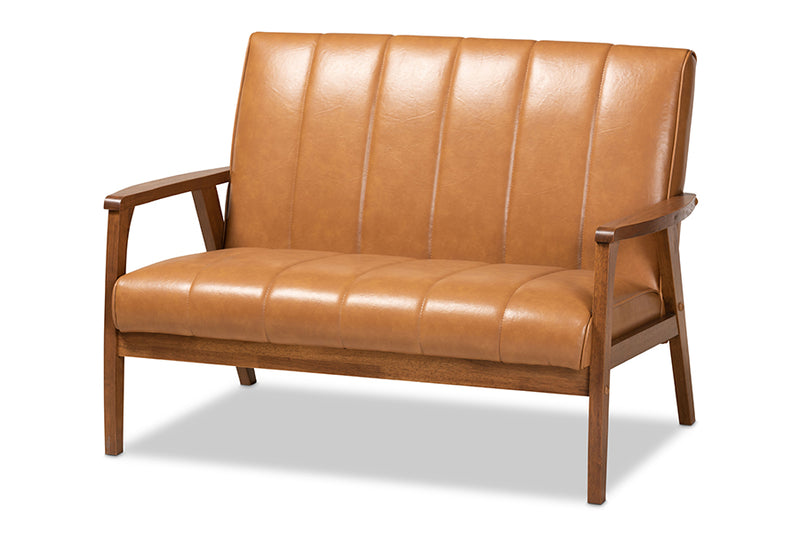 Ghina Mid-century Modern Tan Faux Leather Upholstered and Walnut Brown finished Wood Loveseat