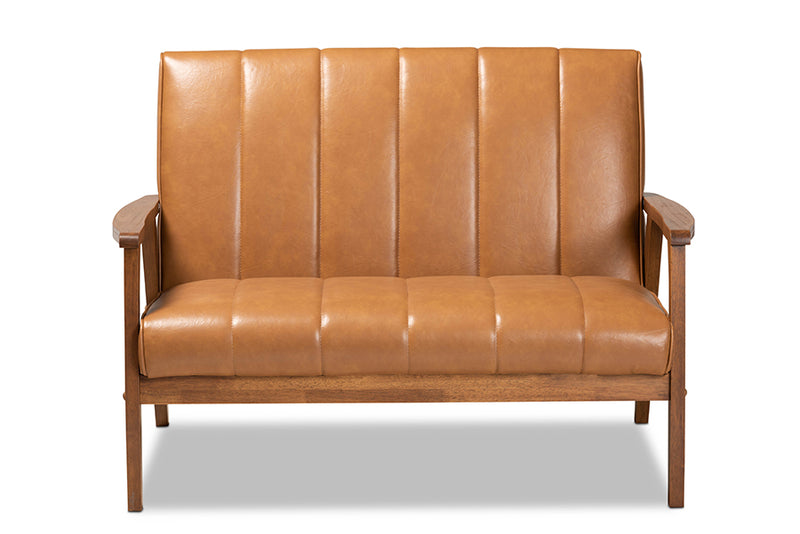 Ghina Mid-century Modern Tan Faux Leather Upholstered and Walnut Brown finished Wood Loveseat