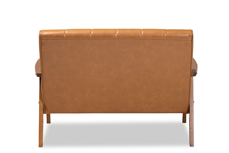 Ghina Mid-century Modern Tan Faux Leather Upholstered and Walnut Brown finished Wood Loveseat