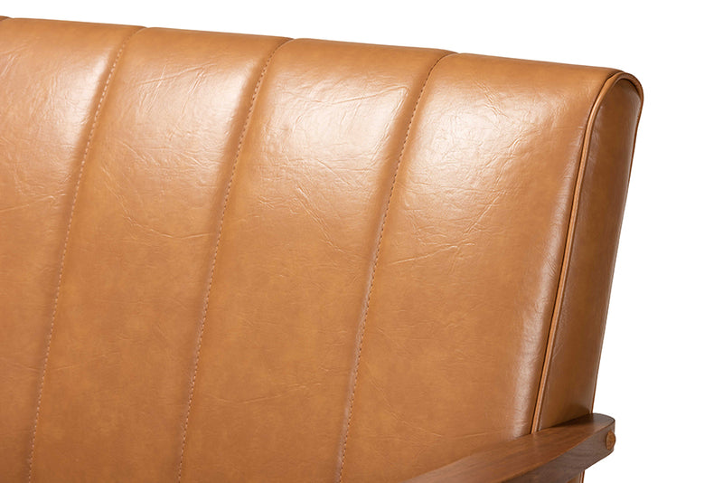 Ghina Mid-century Modern Tan Faux Leather Upholstered and Walnut Brown finished Wood Loveseat