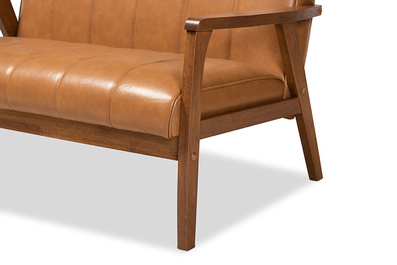 Ghina Mid-century Modern Tan Faux Leather Upholstered and Walnut Brown finished Wood Loveseat