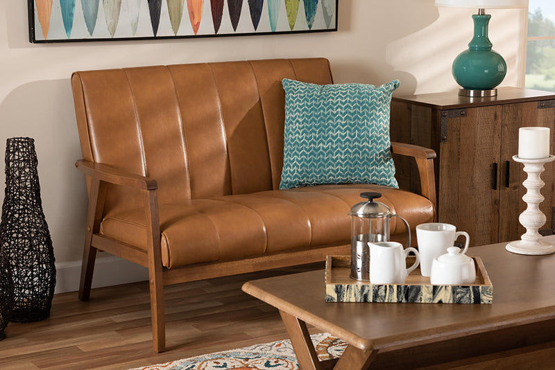 Ghina Tan Faux Leather Upholstered and Walnut Brown Loveseat Baxton