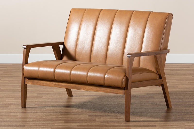 Ghina Mid-century Modern Tan Faux Leather Upholstered and Walnut Brown finished Wood Loveseat