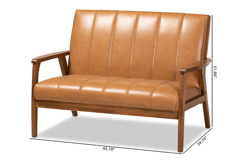 Ghina Mid-century Modern Tan Faux Leather Upholstered and Walnut Brown finished Wood Loveseat