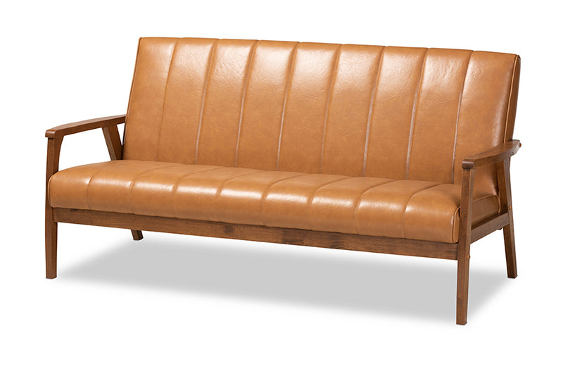 Ghina Mid-century Modern Tan Faux Leather Upholstered and Walnut Brown finished Wood Sofa