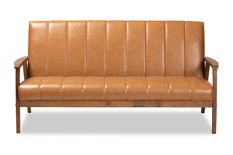 Ghina Mid-century Modern Tan Faux Leather Upholstered and Walnut Brown finished Wood Sofa