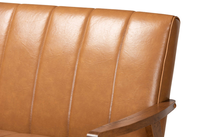 Ghina Mid-century Modern Tan Faux Leather Upholstered and Walnut Brown finished Wood Sofa