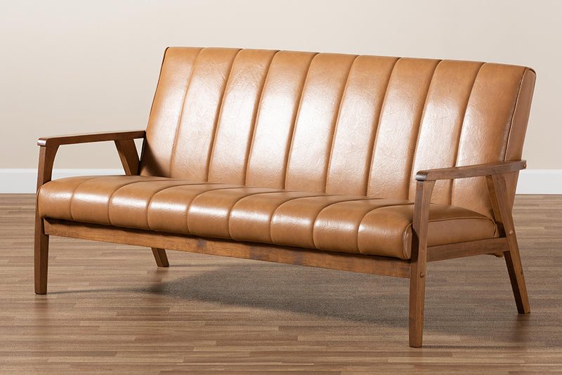 Ghina Mid-century Modern Tan Faux Leather Upholstered and Walnut Brown finished Wood Sofa