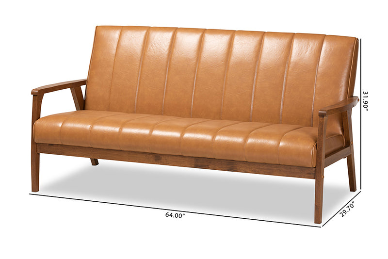 Ghina Mid-century Modern Tan Faux Leather Upholstered and Walnut Brown finished Wood Sofa