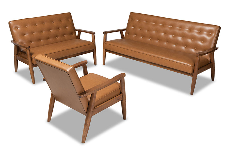 Kennedy Mid-Century Modern Tan Faux Leather Upholstered and Walnut Brown Finished Wood 3-Piece Living Room Set