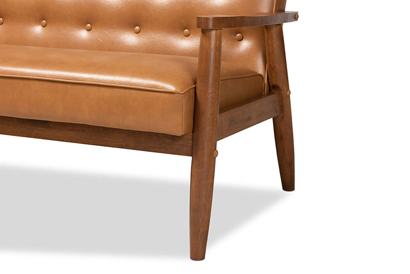 Kennedy Tan Faux Leather Upholstered and Walnut Brown 3-Piece Living Room Set Baxton