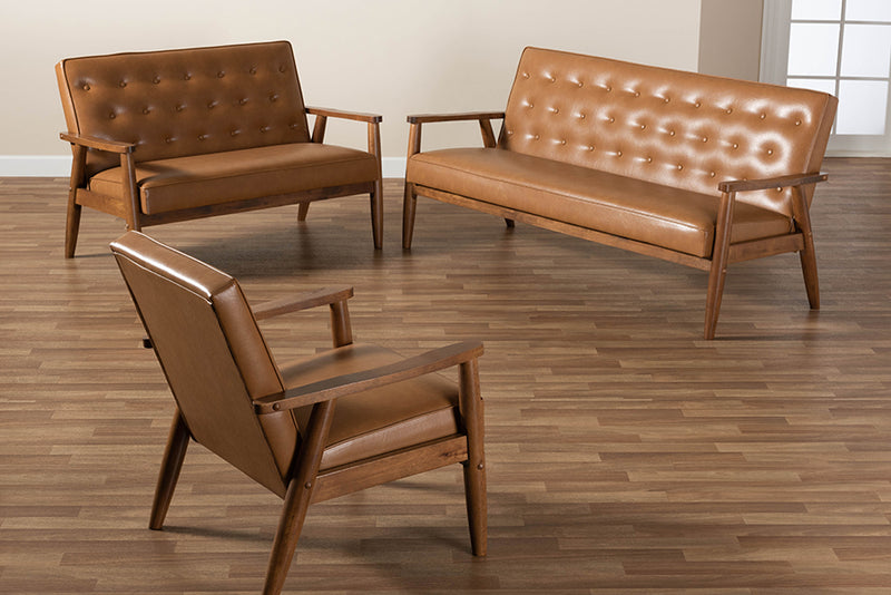 Kennedy Mid-Century Modern Tan Faux Leather Upholstered and Walnut Brown Finished Wood 3-Piece Living Room Set