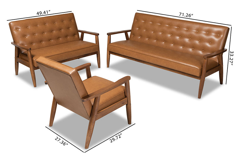 Kennedy Mid-Century Modern Tan Faux Leather Upholstered and Walnut Brown Finished Wood 3-Piece Living Room Set