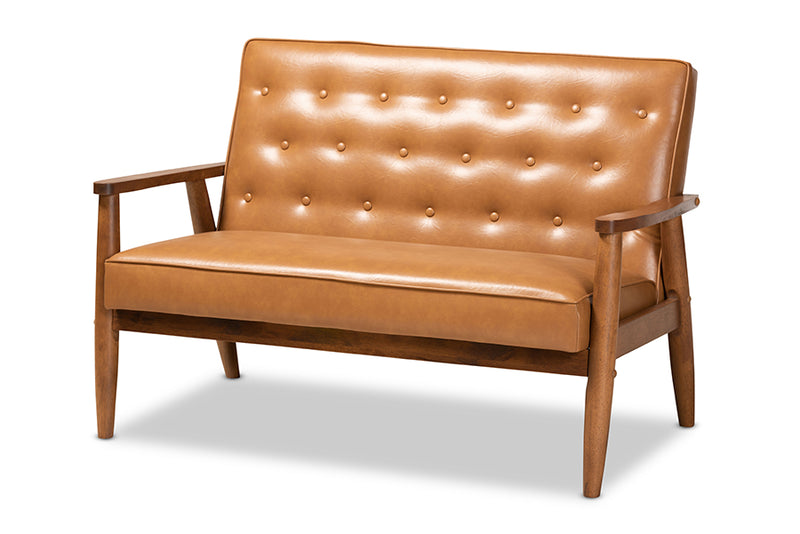 Kennedy Mid-Century Modern Tan Faux Leather Upholstered and Walnut Brown Finished Wood Loveseat