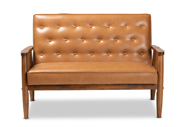 Kennedy Mid-Century Modern Tan Faux Leather Upholstered and Walnut Brown Finished Wood Loveseat