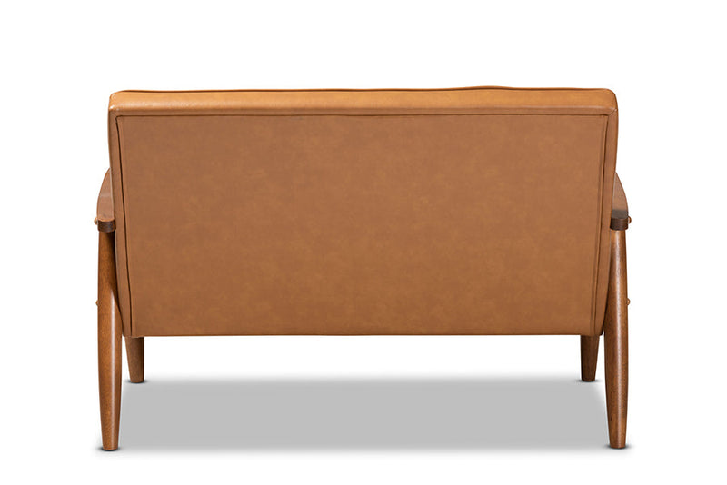Kennedy Tan Faux Leather Upholstered and Walnut Brown Loveseat Baxton