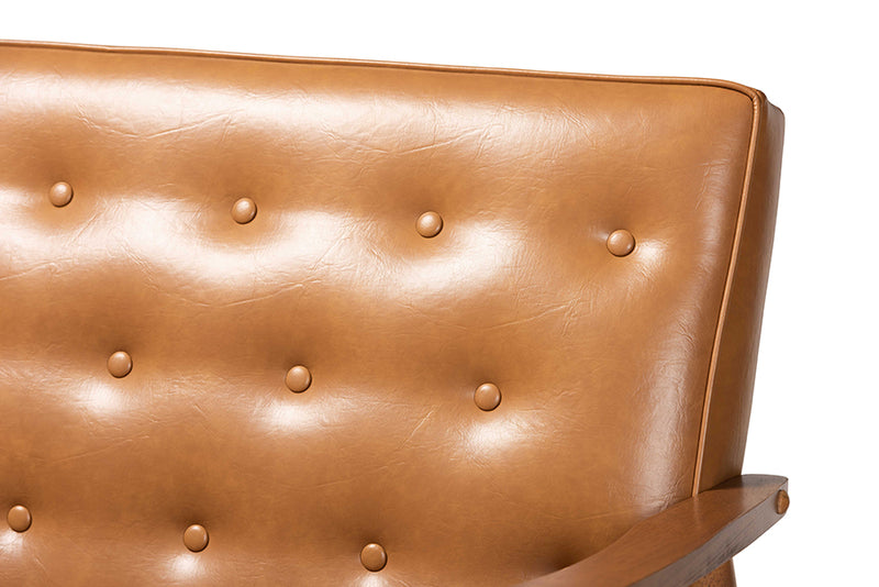 Kennedy Mid-Century Modern Tan Faux Leather Upholstered and Walnut Brown Finished Wood Loveseat