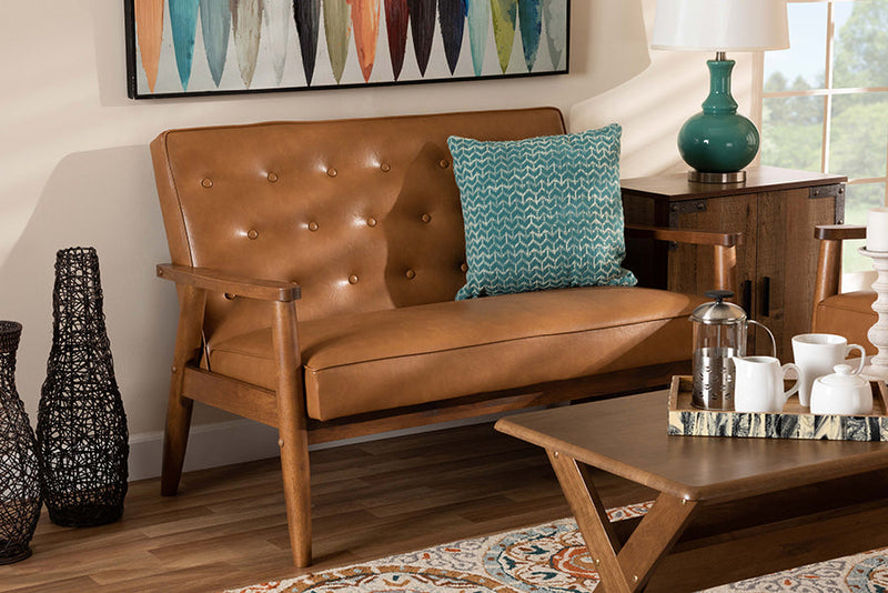 Kennedy Tan Faux Leather Upholstered and Walnut Brown Loveseat Baxton