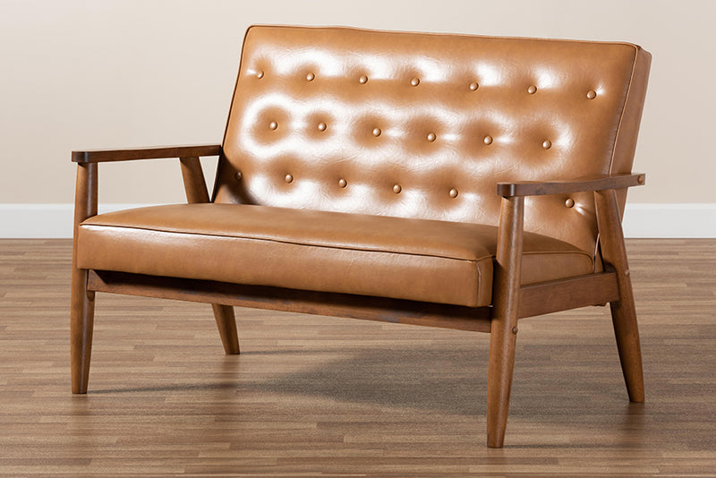 Kennedy Mid-Century Modern Tan Faux Leather Upholstered and Walnut Brown Finished Wood Loveseat