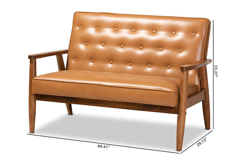 Kennedy Mid-Century Modern Tan Faux Leather Upholstered and Walnut Brown Finished Wood Loveseat