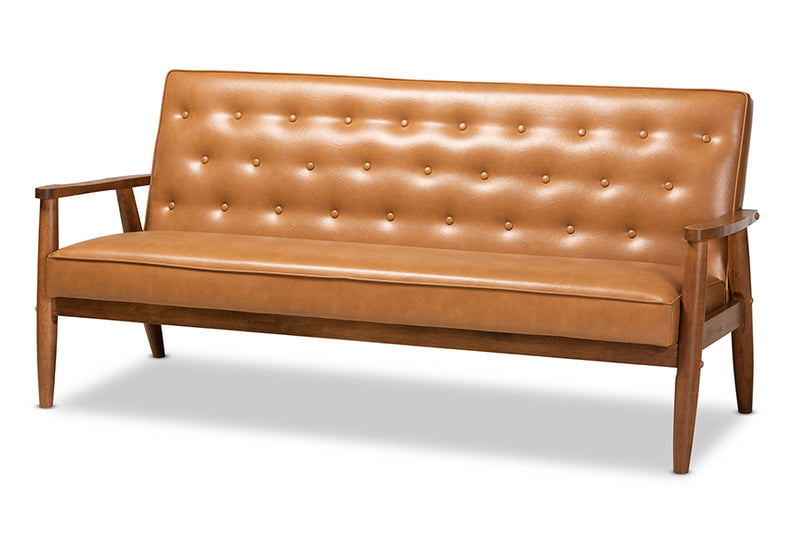 Kennedy Mid-Century Modern Tan Faux Leather Upholstered and Walnut Brown Finished Wood Sofa