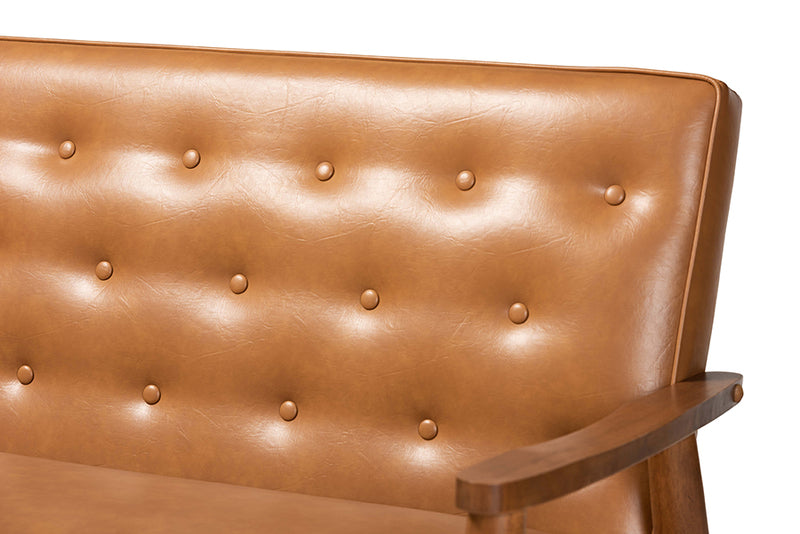 Kennedy Mid-Century Modern Tan Faux Leather Upholstered and Walnut Brown Finished Wood Sofa