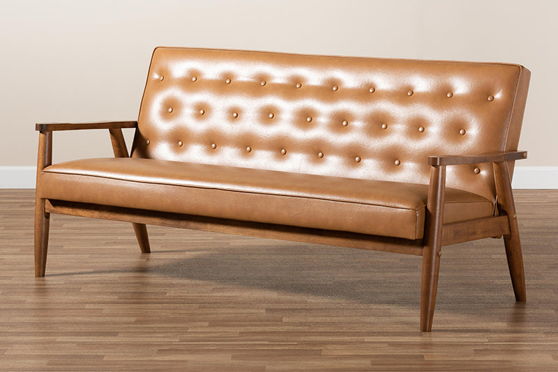 Kennedy Mid-Century Modern Tan Faux Leather Upholstered and Walnut Brown Finished Wood Sofa